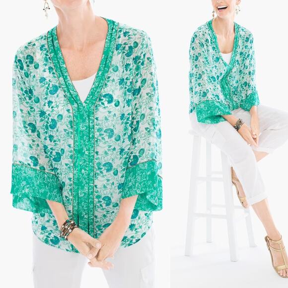 Chico's Sz 0 Congo Floral Tunic Green Print Sheer Embellished V-neck Blouse - Picture 1 of 13